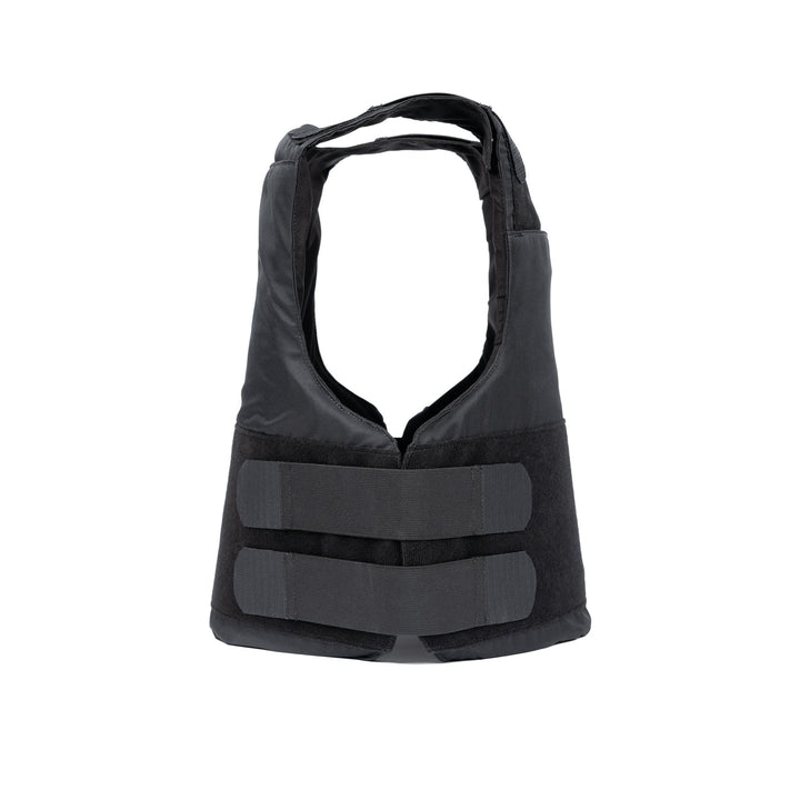 A black Premier Body Armor Overt / Covert Vest Bundle (old) is shown in the image. The vest features two horizontal Velcro straps across the front and wide shoulder straps. The fabric appears padded and durable, making it perfect for protection or carrying equipment. This versatile design suggests it can be used effectively in both overt and covert scenarios.