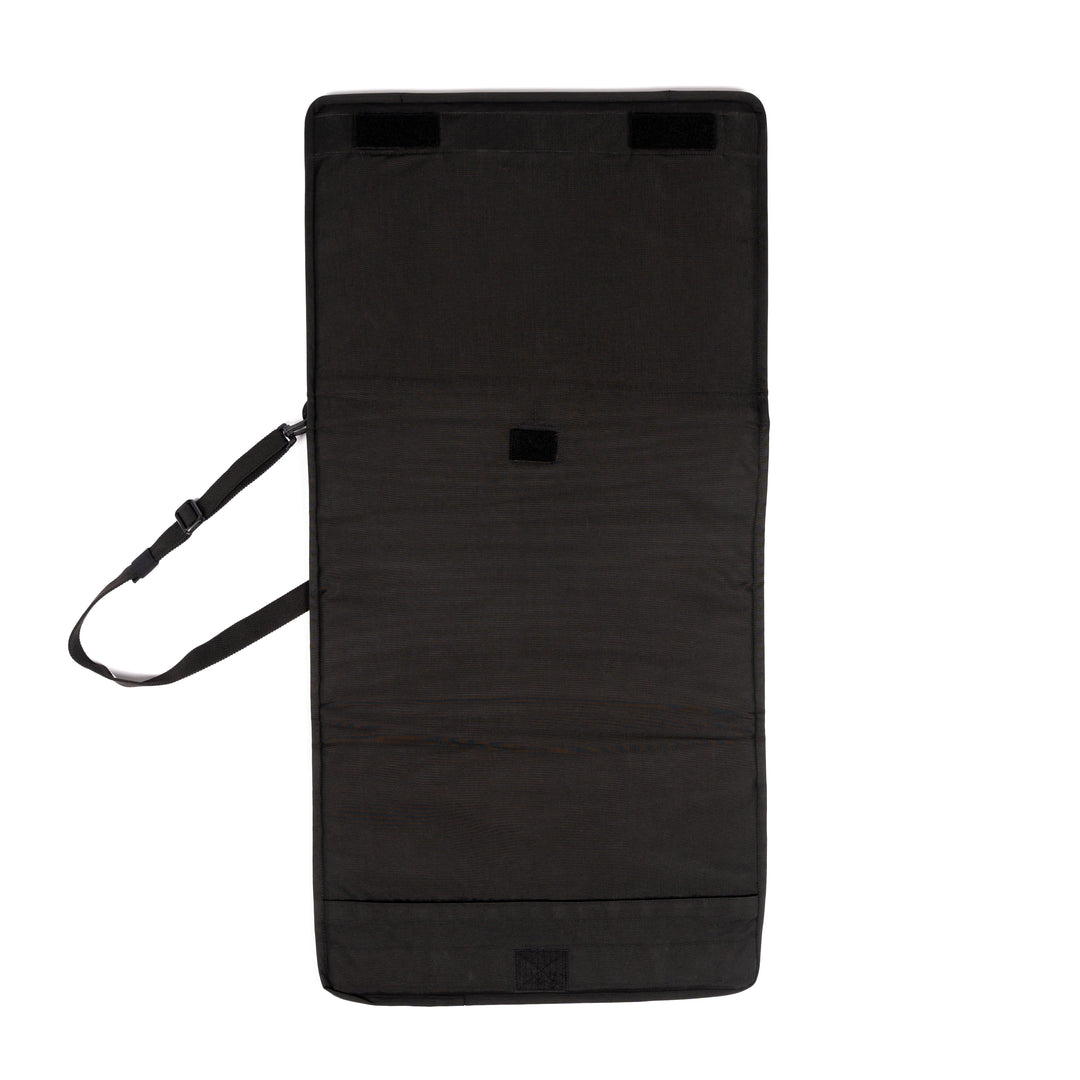 A black, rectangular, padded travel case with a strap on one side. The Premier Body Armor Ballistic Briefcase is displayed against a plain white background and has a simple, sleek design—perfect for executive protection in private security scenarios.