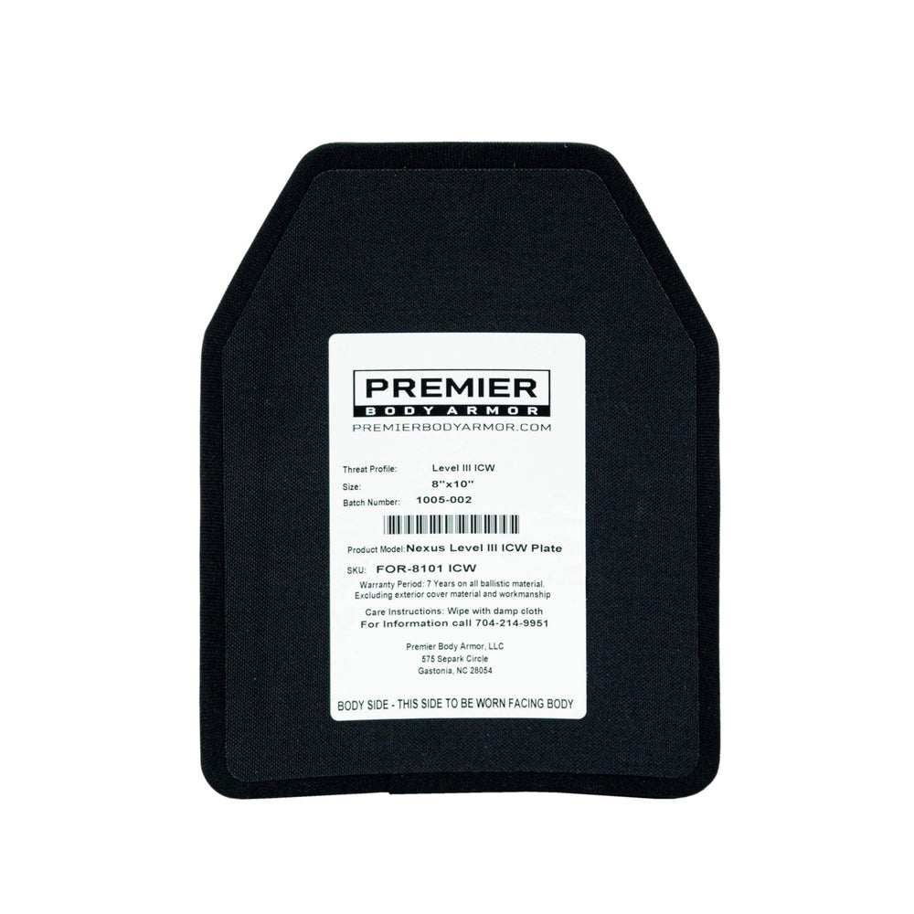 Front view of the Nexus Level III ICW Plate by Premier Body Armor, crafted from Ultra-High-Molecular-Weight Polyethylene, featuring a detailed label that includes model number, size, and website. The plate is marked with "THIS SIDE TO THE BODY / FACING BODY" and meets Level III performance standards. It has a black surface with a white label.