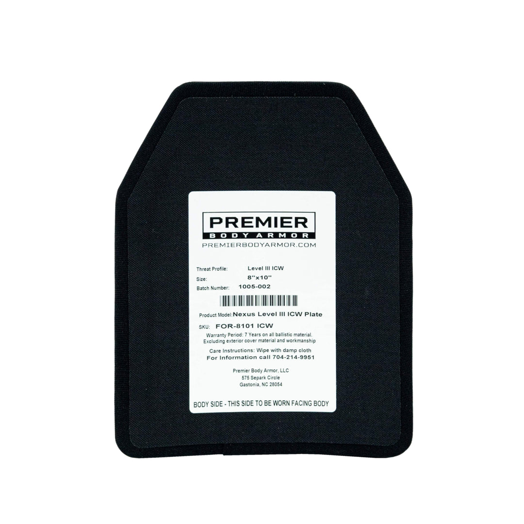 Front view of the Nexus Level III ICW Plate by Premier Body Armor, crafted from Ultra-High-Molecular-Weight Polyethylene, featuring a detailed label that includes model number, size, and website. The plate is marked with "THIS SIDE TO THE BODY / FACING BODY" and meets Level III performance standards. It has a black surface with a white label.
