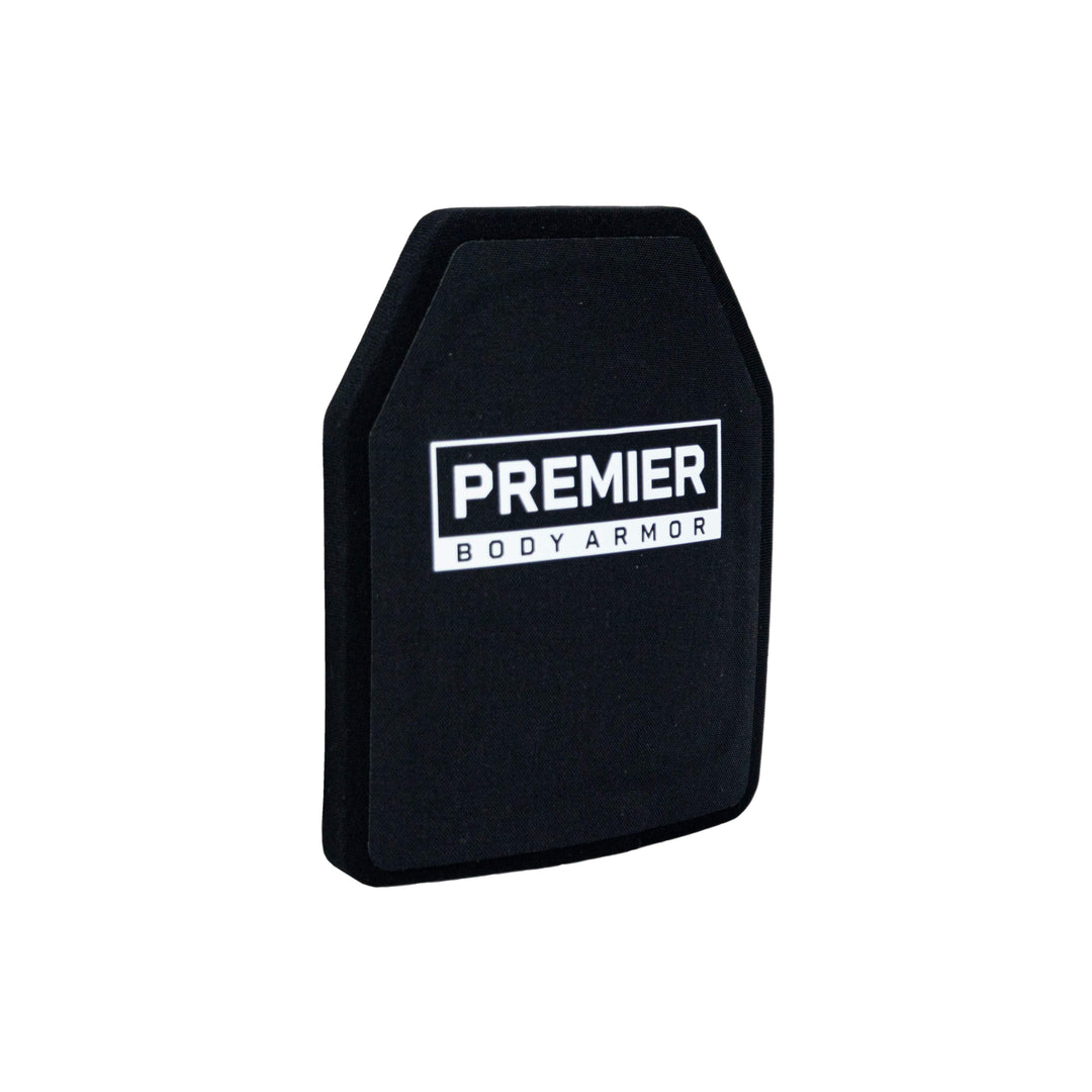 A rectangular ballistic plate with "Premier Body Armor" printed in white on the front, the Nexus Level III ICW Plate features slightly angled top corners and is constructed from Ultra-High-Molecular-Weight Polyethylene, providing a robust structure for Level III performance.
