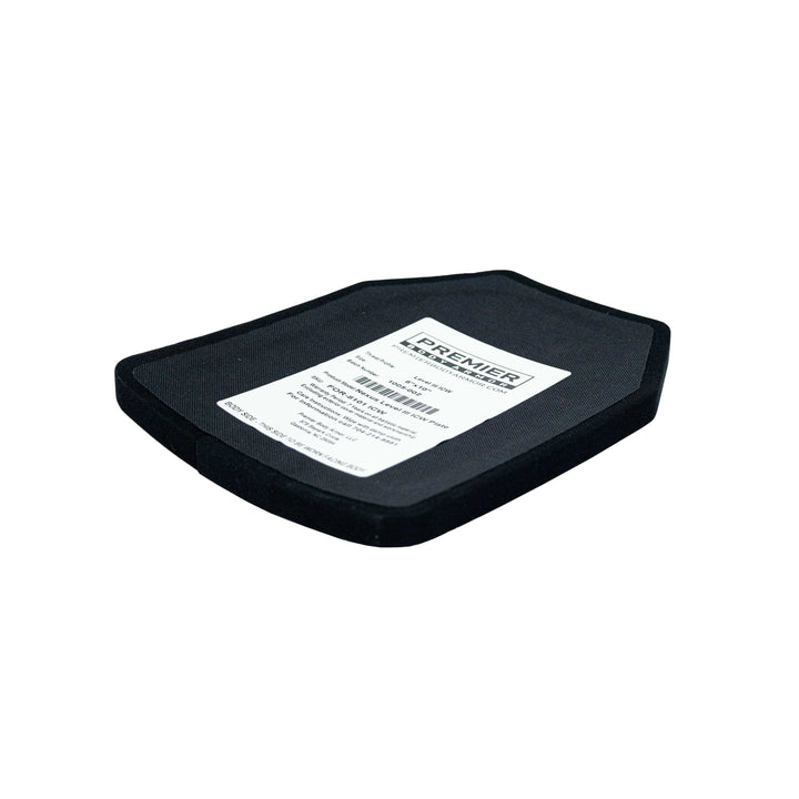 A Nexus Level III ICW Plate, featuring a black curved protective plate with a label on the front, shows specifications and the brand name "Premier Body Armor." Made from Ultra-High-Molecular-Weight Polyethylene, this plate is designed for body armor with Level III performance.