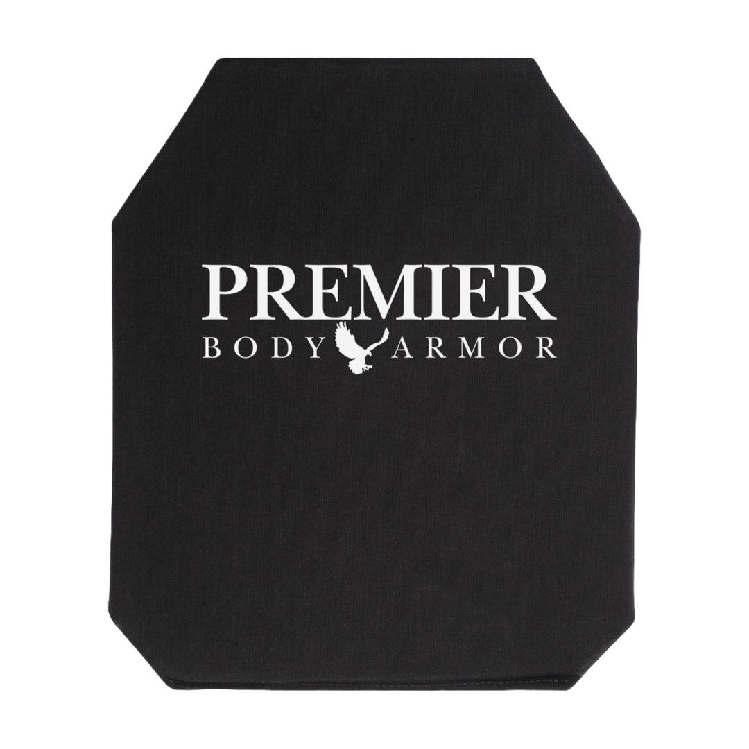 A piece of black body armor labeled "Premier Body Armor" with a white logo and a small silhouette of a rooster beneath it. The Discreet Defender Bundle - Soft Armor is Level IIIA protection, featuring a rectangular shape with slightly angled top corners.