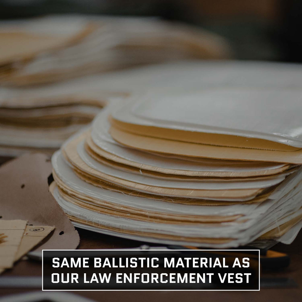 A close-up of stacked ballistic sheets with text overlay: "Premier Body Armor Level IIIA Insert for 5.11 Rush 24/72 Pack—same para-aramid ballistic core as our law enforcement vest.