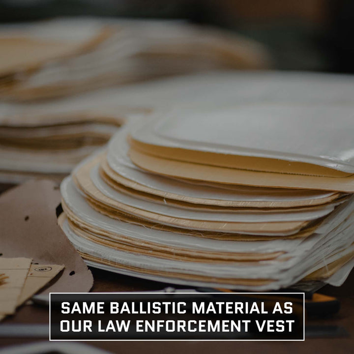 A close-up of stacked ballistic sheets with text overlay: "Premier Body Armor Level IIIA Insert for 5.11 Rush 24/72 Packāsame para-aramid ballistic core as our law enforcement vest.