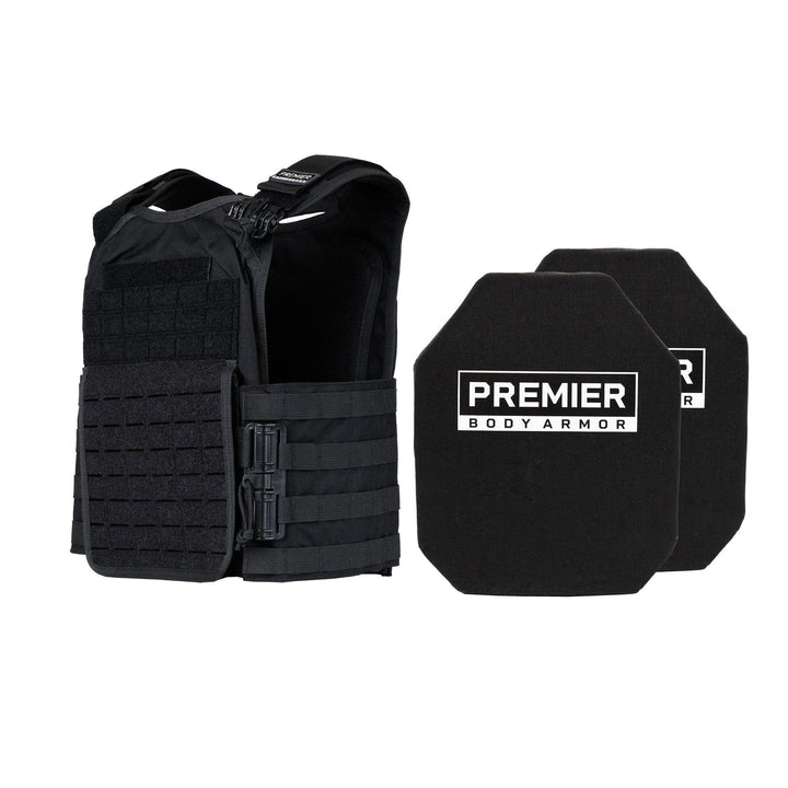 The Level IV Core Mission Plate Carrier Bundle by Premier Body Armor includes a black tactical vest with straps, mesh sections, and attachment points, alongside Stratis-MAX Level IV Plates.