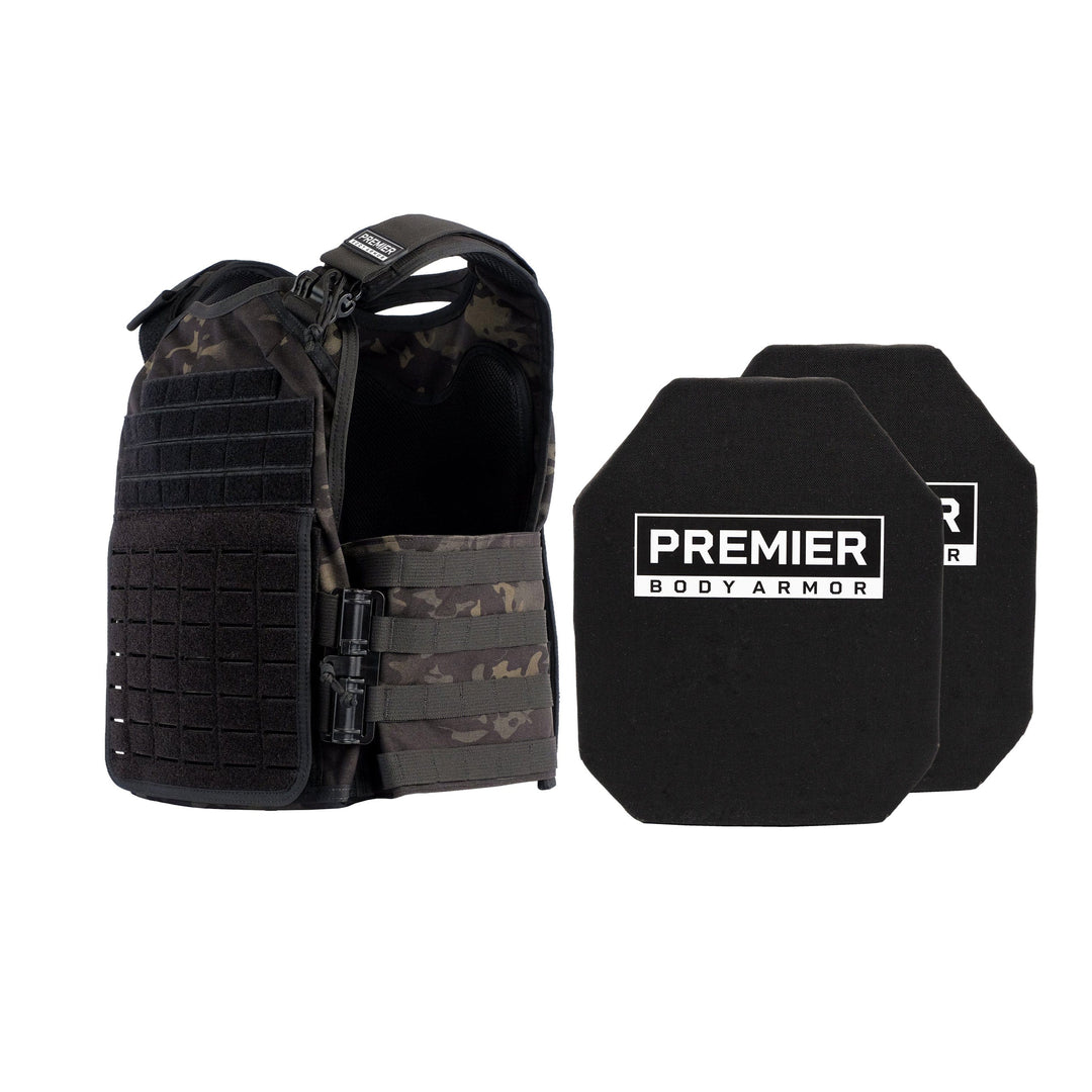 The Level IV Core Mission Plate Carrier Bundle from Premier Body Armor features a black tactical vest with multiple straps and is paired with Stratis-MAX Level IV Plates designed to fit seamlessly, providing enhanced protection.