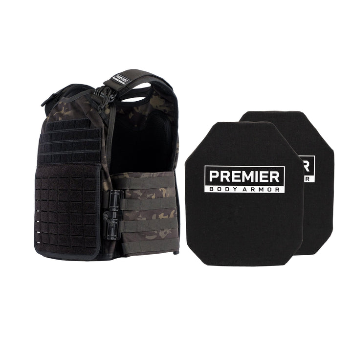 The Level IV Core Mission Plate Carrier Bundle from Premier Body Armor features a black tactical vest with multiple straps and is paired with Stratis-MAX Level IV Plates designed to fit seamlessly, providing enhanced protection.