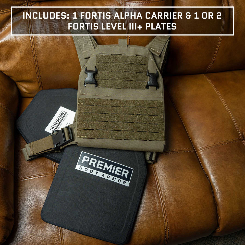 A tactical vest and two Fortis Level III+ Plates sit on a brown leather couch. Text at the top reads, "Includes: 1 Fortis Alpha Carrier & 1 or 2 Fortis Level III+ Plates." The plates are branded "Premier Body Armor," showcasing the "Fortis Level III+ Loadout" by Premier Body Armor, a comprehensive tactical defense system.