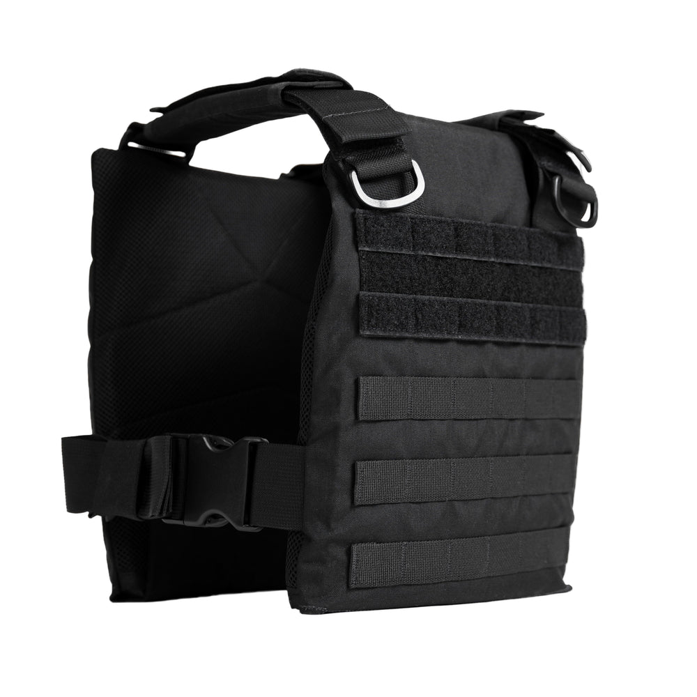 The Premier Body Armor Falcon Carrier is a black, lightweight, low-profile plate carrier with adjustable shoulder straps, metal rings, and plenty of front MOLLE space for gear—shown on a white background.