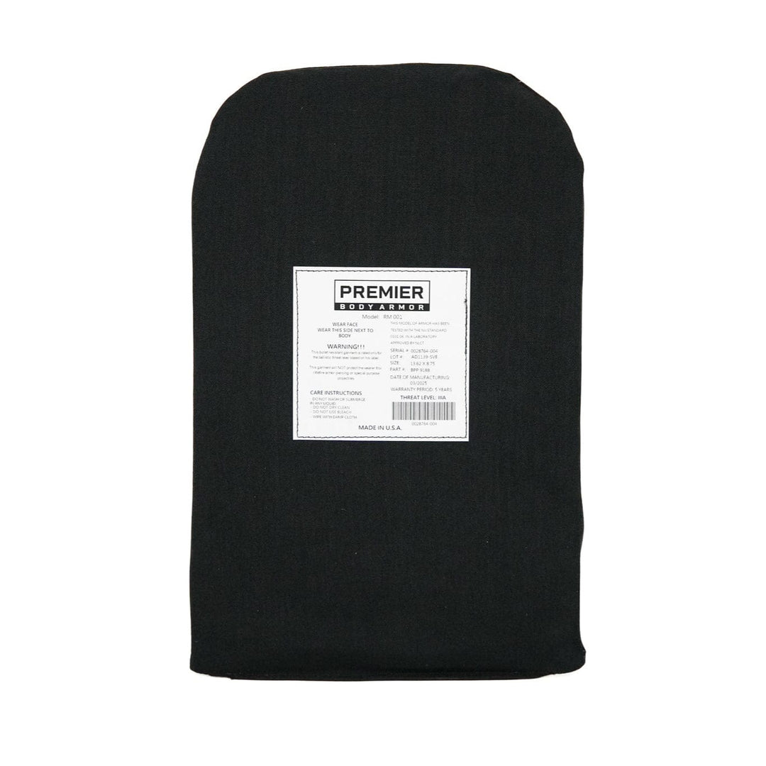 Against a white background, the black arch-shaped Vertx Siege Sling Level IIIA/HG2 Backpack Insert by Premier Body Armor is displayed, featuring a central white label with text and numbers, resembling a ballistic insert.