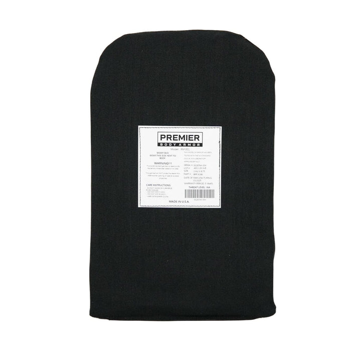 Against a white background, the black arch-shaped Vertx Siege Sling Level IIIA/HG2 Backpack Insert by Premier Body Armor is displayed, featuring a central white label with text and numbers, resembling a ballistic insert.