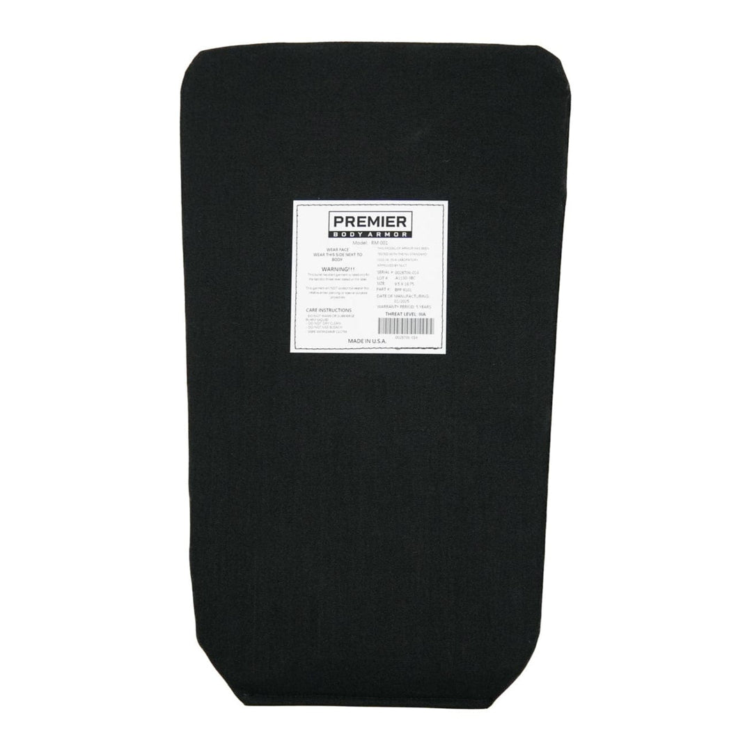 A black rectangular cushion with a white label showcases the "Premier Body Armor" brand, care instructions, and details. Designed to integrate subtly, it's ideal as backpack armor for your Vertx Siege Pack Level IIIA/HG2 Backpack Insert.