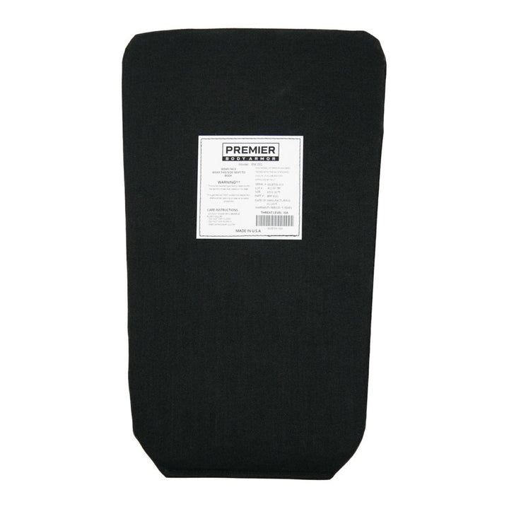 A black rectangular cushion with a white label showcases the "Premier Body Armor" brand, care instructions, and details. Designed to integrate subtly, it's ideal as backpack armor for your Vertx Siege Pack Level IIIA/HG2 Backpack Insert.