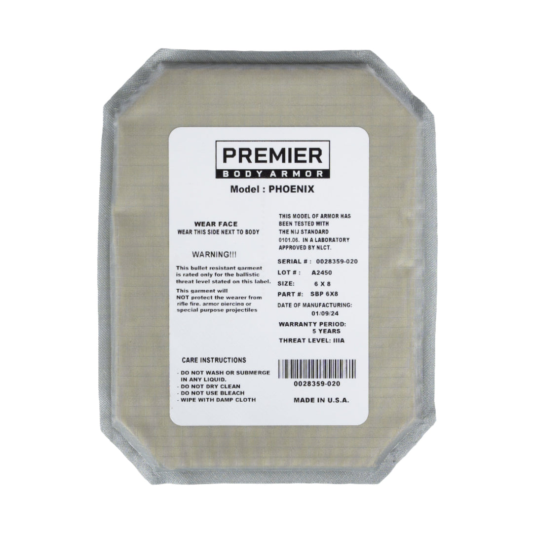 A rectangular Premier Body Armor 6x8 Cummerbund Armor Set panel offers NIJ certified Level IIIA protection, featuring care instructions, serial number, size, ballistic rating, and manufacturing details on a central white label.