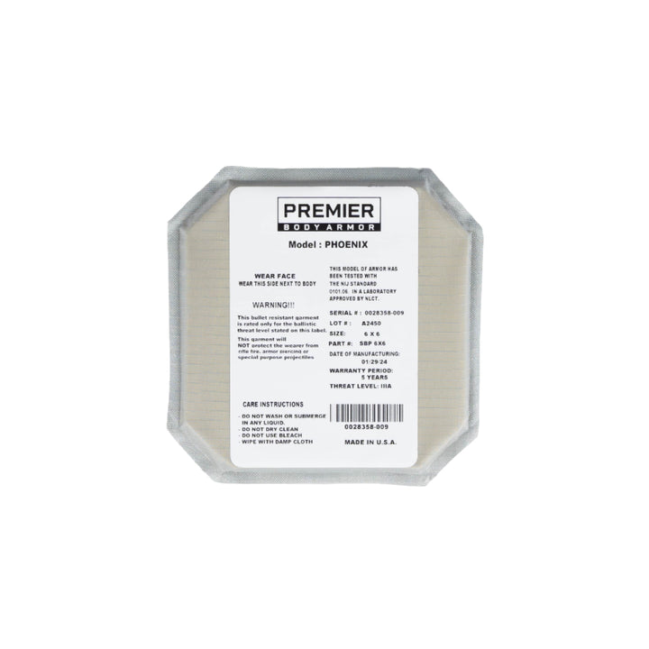 A rectangular white 6x6 Cummerbund Armor Set by Premier Body Armor, featuring Level IIIA protection and NIJ compliance, displays instructions, warnings, and specs in black text on a central white label.