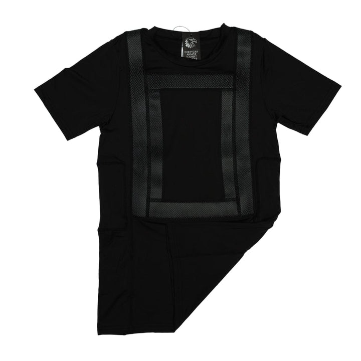 The Premier Body Armor Everyday Armor T-Shirt 360 Carrier Only is a black short-sleeve tee with a front rectangular panel design, featuring mesh-like strips—ideal as a lightweight compression carrier for ballistic inserts. The bottom right is partially folded up.