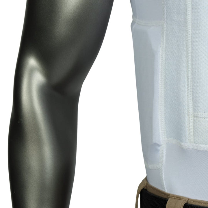 A close-up of a mannequin in the Premier Body Armor Everyday Armor T-Shirt 360 (Armored), featuring visible seams and a black waistband. Its ultra-concealable fit and plain background emphasize the shirt's sleek, modern design.