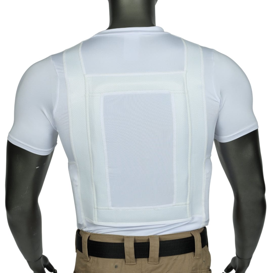 A mannequin displays the Premier Body Armor Everyday Armor T-Shirt 360 (Armored), featuring an ultra-concealable fit and posture corrector vest, worn under a white short-sleeve shirt and khaki pants, viewed from behind.
