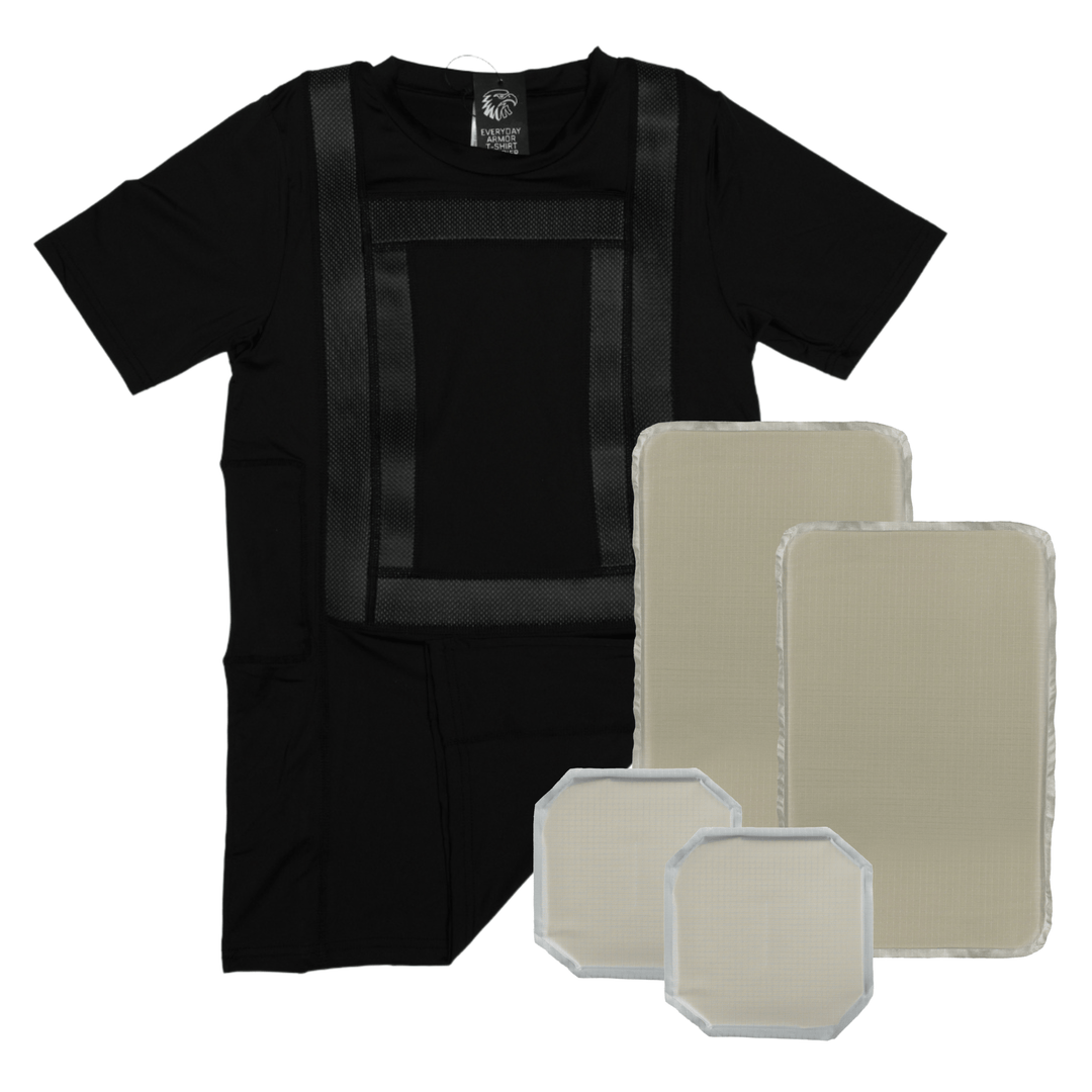 The Premier Body Armor Everyday Armor T-Shirt 360 (Armored) in black is shown with two large and two small Level IIIA panels, ultra-concealable for protection. Panels appear to the right and lower right of the shirt.