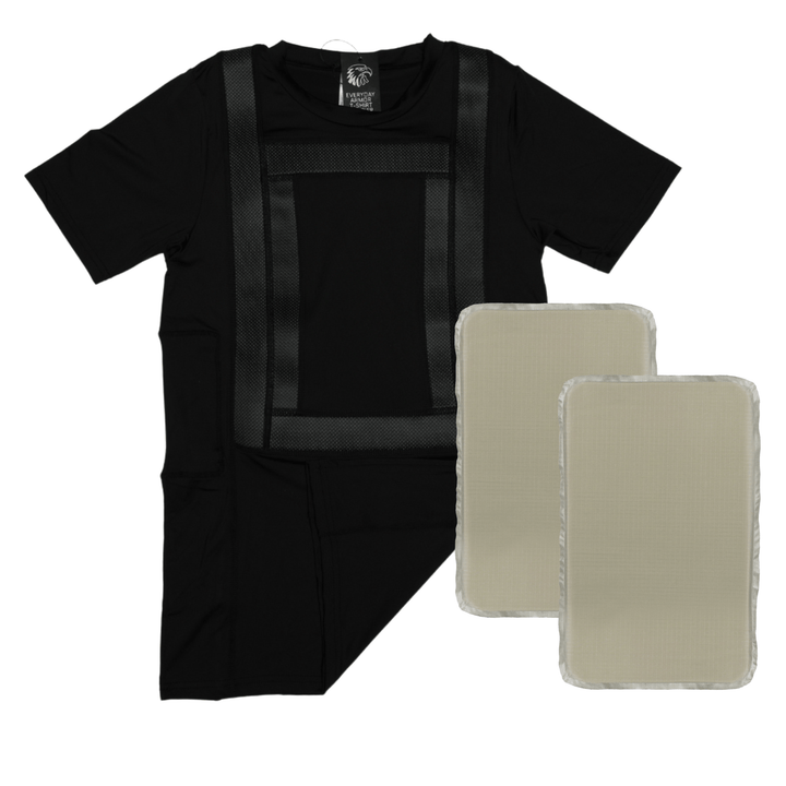 The Premier Body Armor Everyday Armor T-shirt 360 Core in black features stitched rectangles and Concealment Channels, shown with two light Level IIIA inserts—ideal for discreet protection.