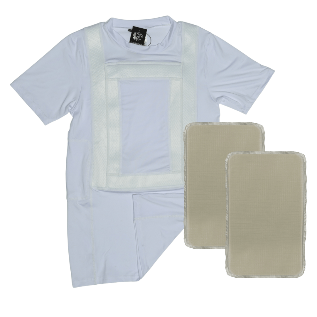 The Premier Body Armor Everyday Armor T-shirt 360 Core is a white short-sleeve shirt with straps and a front pocket, shown beside two beige Level IIIA pads for discreet protection as part of the Everyday Armor collection.