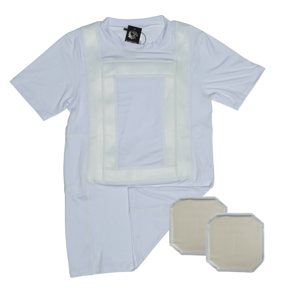 The Premier Body Armor Everyday Armor T-Shirt Upgrade Kit includes a white short-sleeve shirt with reinforced straps and two rectangular beige Level IIIA pads, displayed on a white background.