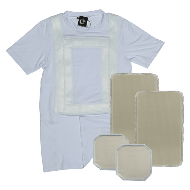 The Premier Body Armor Everyday Armor T-Shirt 360 (Armored) is shown in white with built-in pockets and four beige inserts, providing ultra-concealable Level IIIA protection with 360° coverage.
