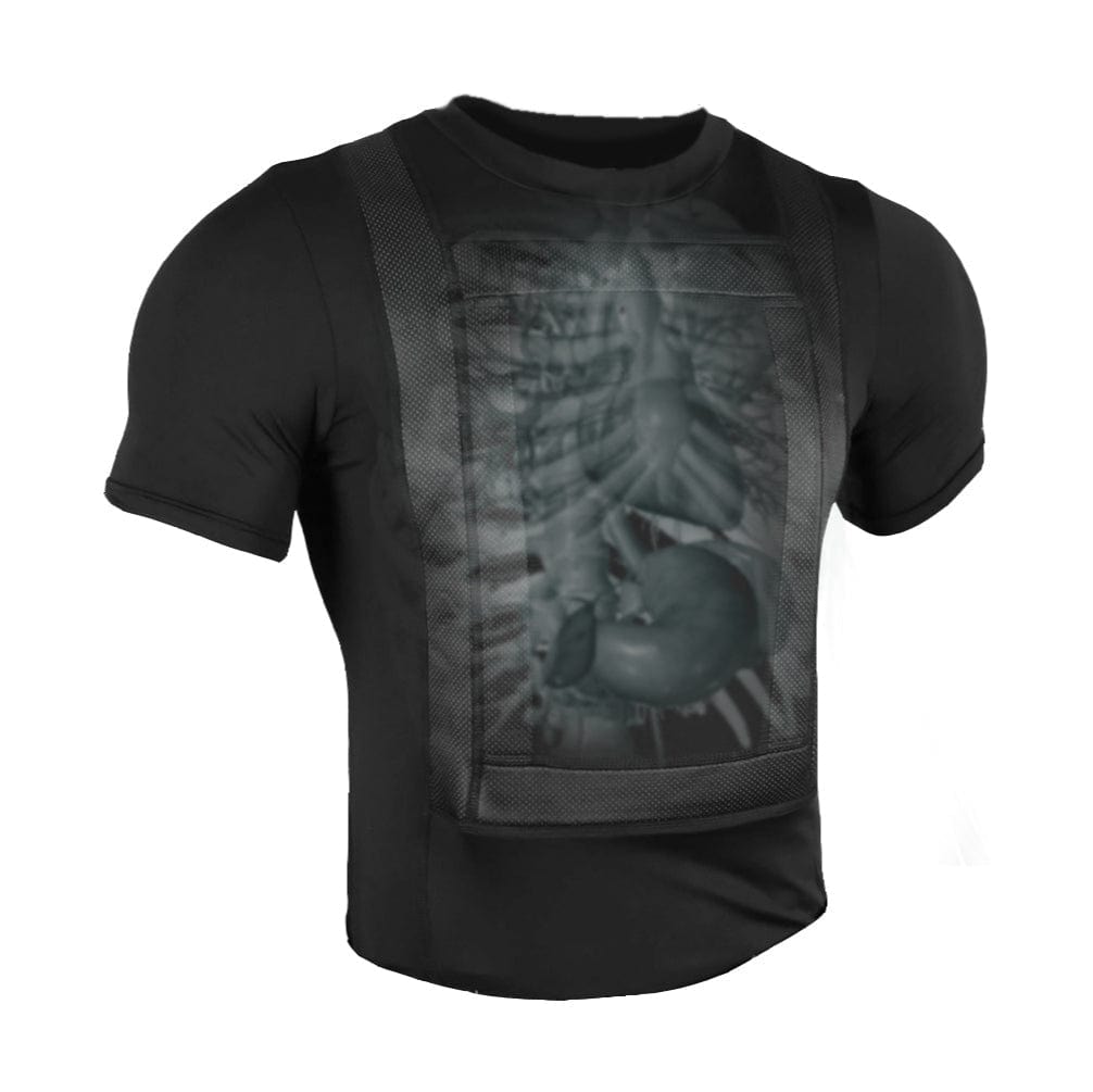 The Premier Body Armor Everyday Armor T-Shirt (Armored) features a striking black short-sleeve design with a large ribcage and internal organs print on the front, resembling an X-ray image, ideal for those seeking bold, unique fashion.