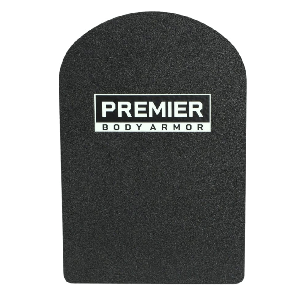 The Universal Fit Level III+ Rifle-Rated Backpack Insert by Premier Body Armor is a black, rectangular plate with a rounded top and features a "PREMIER BODY ARMOR" label in white near the center, meeting NIJ ballistic standards.
