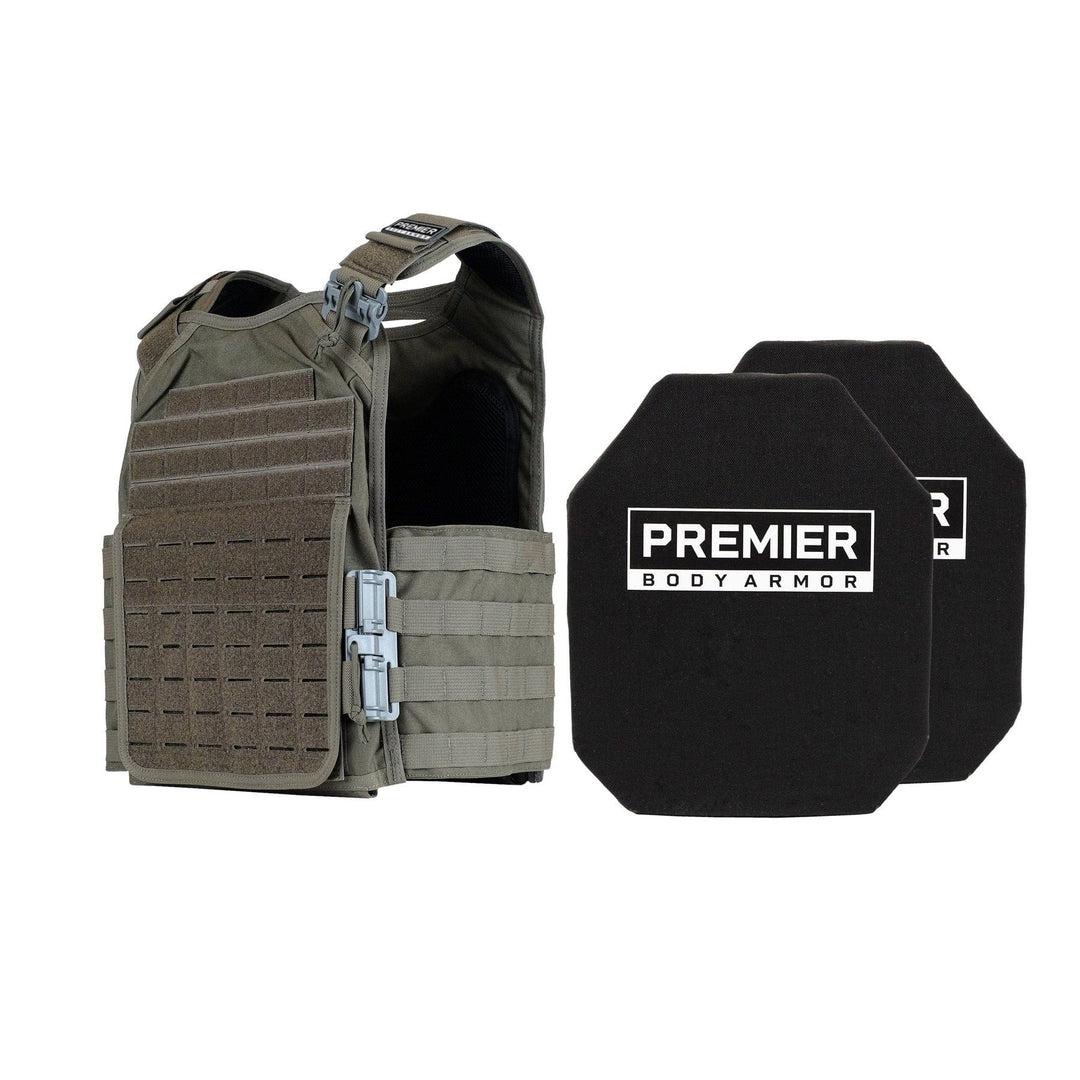 The Level IV Core Mission Plate Carrier Bundle by Premier Body Armor showcases an adjustable vest with multiple slots and two black, American-made Stratis-MAX Level IV Plates, ensuring they are held securely in place.
