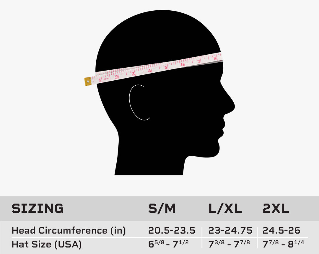 Silhouette of a head in profile with a measuring tape around the forehead. Below are sizing charts for hats, listing head circumference and corresponding hat sizes for S/M, L/XL, and 2XL.
