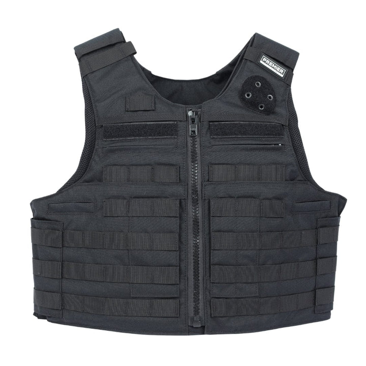 The Premier Body Armor Patrol Charlie is a black overt patrol vest with plate scalability, front zipper, horizontal webbing straps, two zippered chest pockets, a "POLICE" patch on the left shoulder area, and Level IIIA soft armor compatibility.