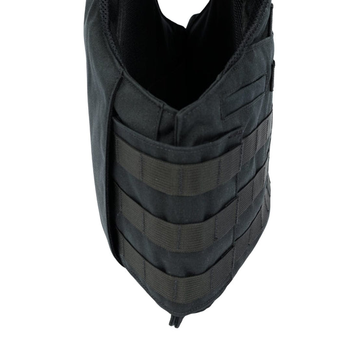 A close-up of the Patrol Charlie overt patrol vest by Premier Body Armor shows black horizontal webbing for modular pouches. Its durable fabric supports plate scalability and is compatible with Level IIIA soft armor.