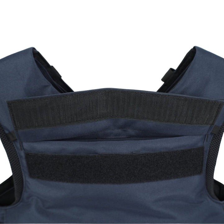 Close-up of the upper back of the Premier Body Armor Patrol Hotel plate carrier, featuring two horizontal hook-and-loop fastener strips and padded shoulder straps, shown against a plain white background.