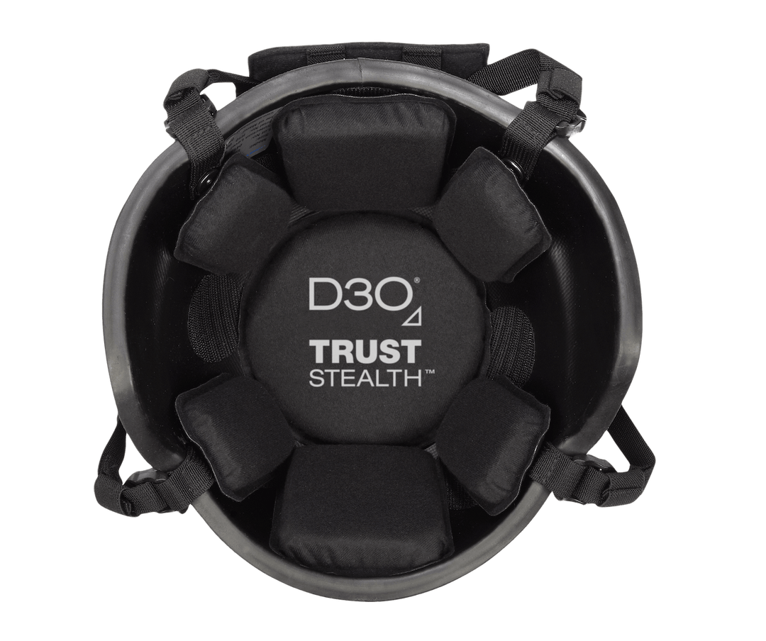 Top view of a black tactical helmet with D3O branding featuring the D3O Stealth Helmet Pad System. It provides impact protection with padded compartments for comfort and safety, plus adjustable straps for a secure fit.