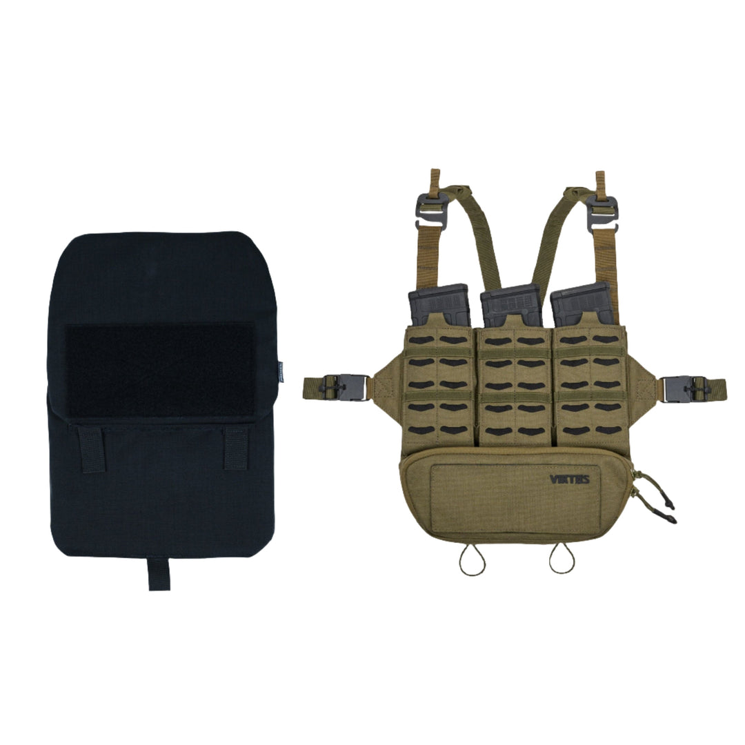 Image showing two tactical gear items. On the left, a black tactical bag with a large flap, secured by a velcro strip. On the right, a tan Armored Viktos Taculus MX Chest Rig Bundle by Viktos/Premier with multiple pouches, adjustable straps, and buckles. The word VIRTUS is printed in black on the front pouch, showcasing its MOLLE compatibility.