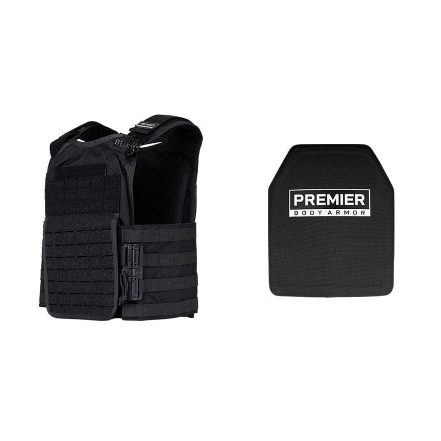 A black Ultimate Core Mission Plate Carrier Bundle is shown on the left, alongside a Premier Body Armor rectangular plate on the right. The vest has multiple straps and a Velcro patch area, designed to integrate with Fortis III+ GT Plates for optimal protection.