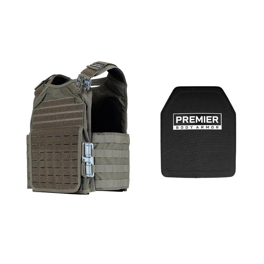 The Ultimate Core Mission Plate Carrier Bundle by Premier Body Armor includes the olive green Core Mission Plate Carrier with straps and a clip, paired with sleek black Fortis III+ GT Plates for top-tier ballistic protection.