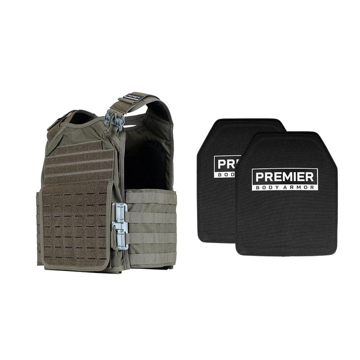 An "Ultimate Core Mission Plate Carrier Bundle" in olive green, by Premier Body Armor, sits beside two Fortis III+ GT plates. The tactical vest offers ballistic protection and includes multiple straps and pouches for secure equipment storage.