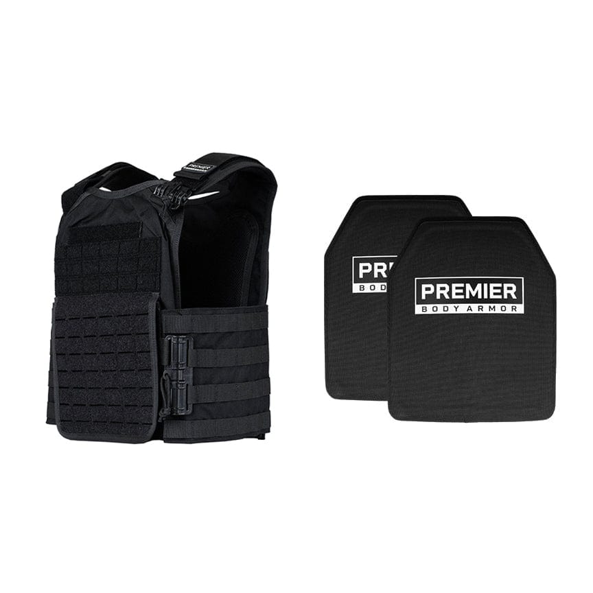The Ultimate Core Mission Plate Carrier Bundle from Premier Body Armor includes a black tactical vest with adjustable straps and multiple pockets, along with two Fortis III+ GT Plates marked "Premier Body Armor" for enhanced protection, positioned to the right of the vest.