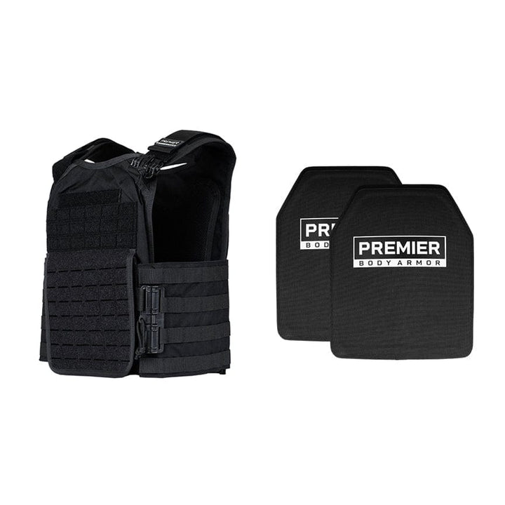 The Ultimate Core Mission Plate Carrier Bundle from Premier Body Armor includes a black tactical vest with adjustable straps and multiple pockets, along with two Fortis III+ GT Plates marked "Premier Body Armor" for enhanced protection, positioned to the right of the vest.