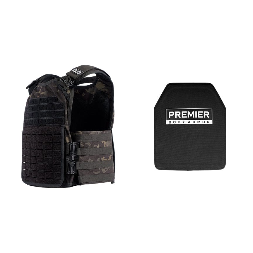 On the left is a black tactical vest with multiple pockets and a camouflage pattern. To the right is the "Ultimate Core Mission Plate Carrier Bundle" by Premier Body Armor, featuring integrated Fortis III+ GT Plates for enhanced ballistic protection. Both items are on a plain white background.