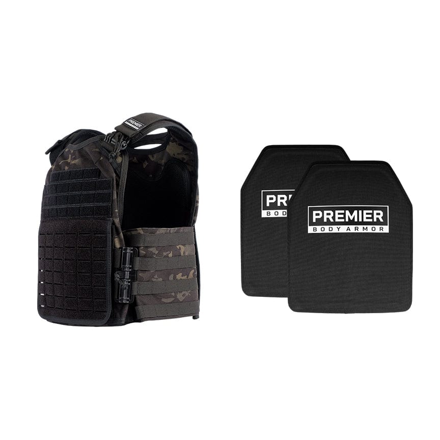 The Ultimate Core Mission Plate Carrier Bundle by Premier Body Armor is showcased with a camouflage-patterned tactical vest, including two black Fortis III+ GT Plates that offer premium ballistic protection and display "Premier Body Armor" in sleek white lettering.