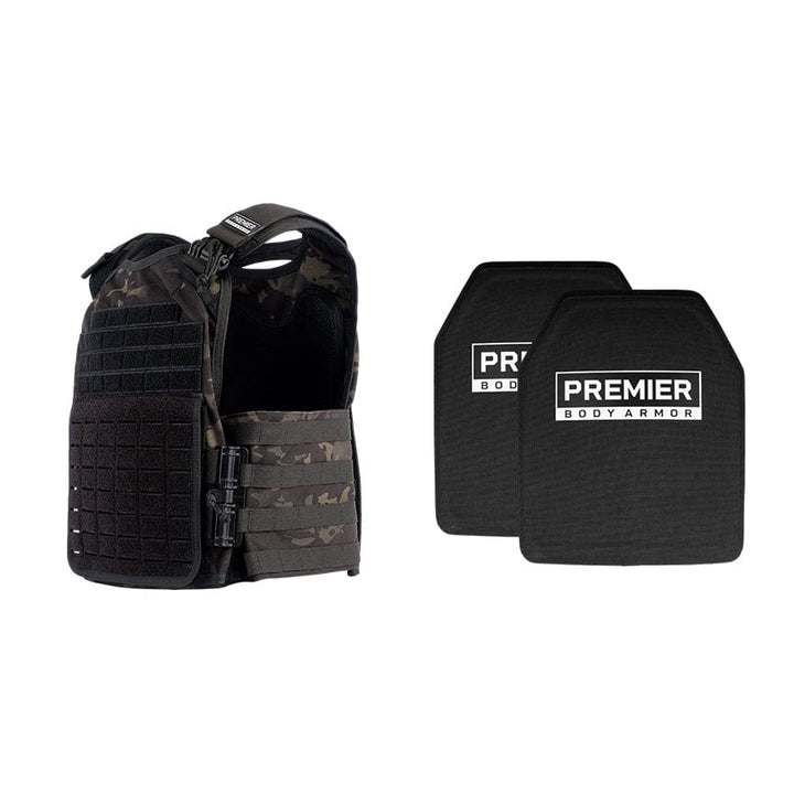 The Ultimate Core Mission Plate Carrier Bundle by Premier Body Armor is showcased with a camouflage-patterned tactical vest, including two black Fortis III+ GT Plates that offer premium ballistic protection and display "Premier Body Armor" in sleek white lettering.