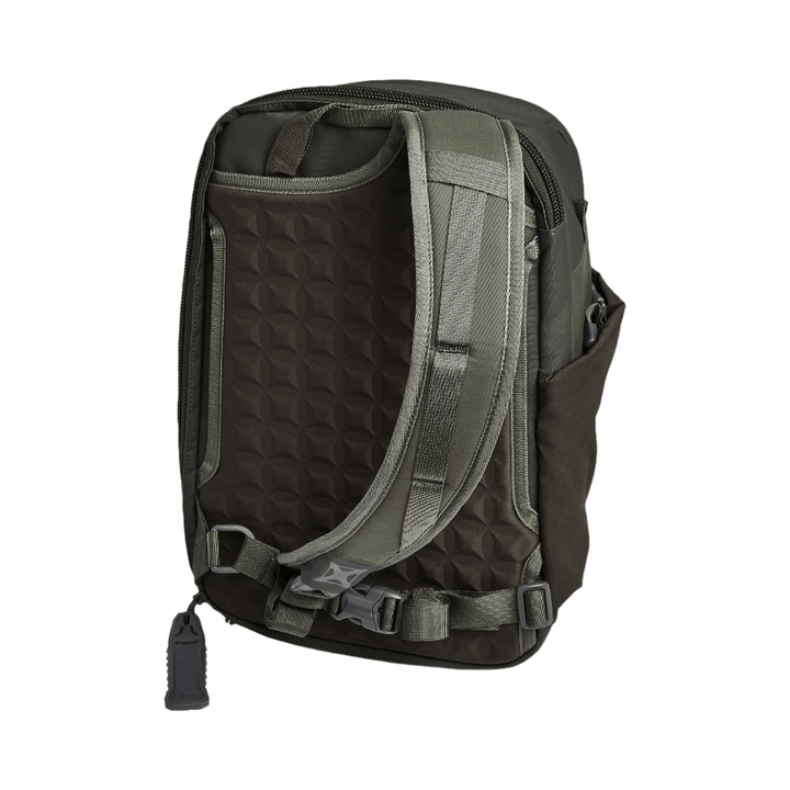 The Vertx Transit Sling 3.0 Backpack in dark green is displayed from the back, showing padded shoulder straps, a textured panel, a side pocket, buckles, and a Rapid Access Tab with an item reminiscent of a flashlight or tool attached.