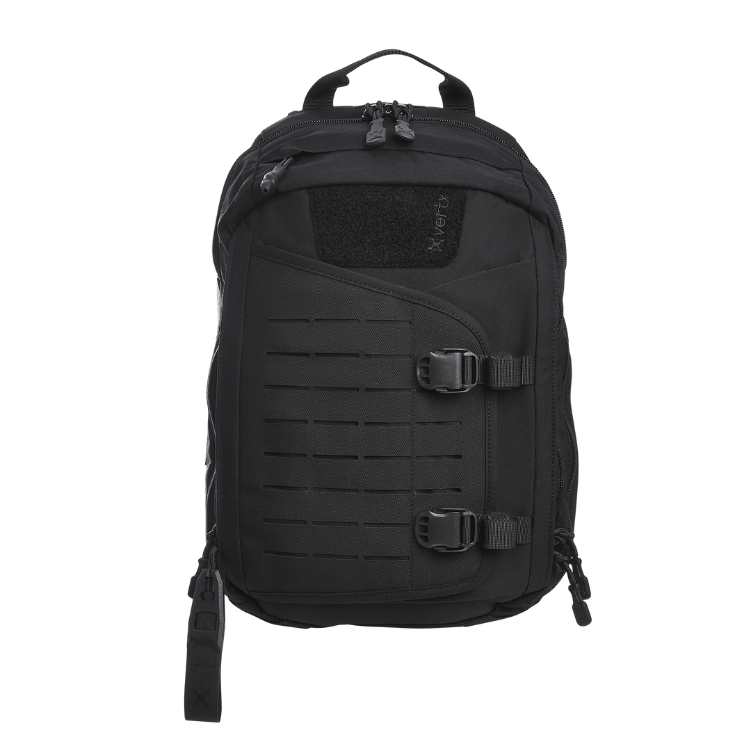 The Vertx Siege 15L Tactical Sling in black boasts a top handle, multiple zippers, two front buckles, a layered front pocket with vertical slits, side zipper pull, and a CCW compartment for security.