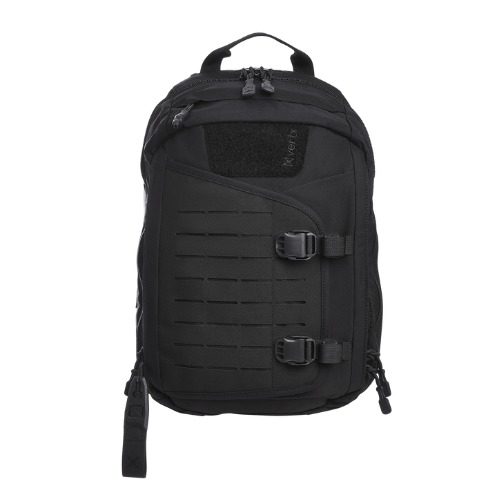 The Vertx Siege 15L Tactical Sling in black boasts a top handle, multiple zippers, two front buckles, a layered front pocket with vertical slits, side zipper pull, and a CCW compartment for security.