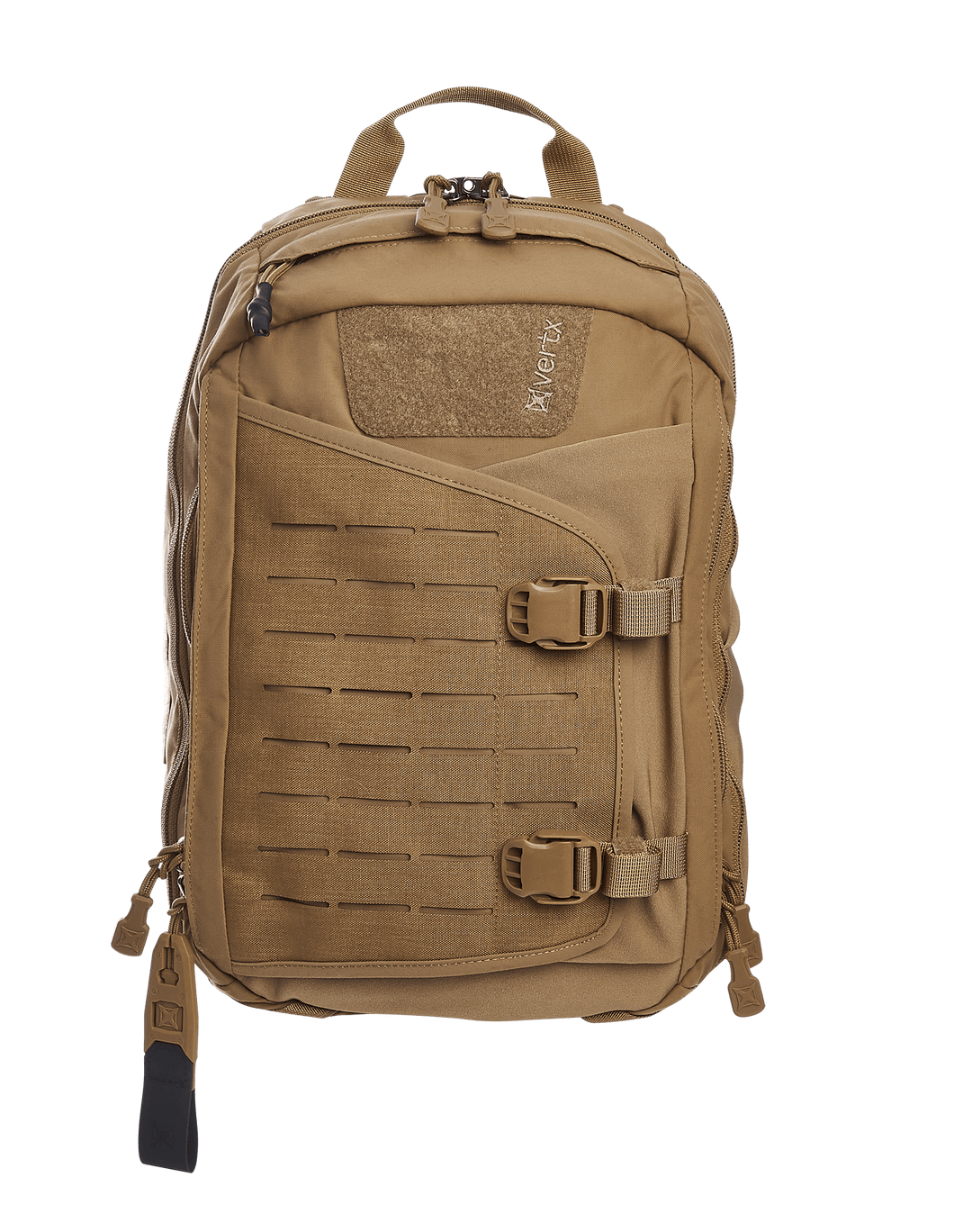 The Vertx Siege 15L Tactical Sling backpack, in tan, features multiple compartments, buckles, a top handle, zippered pockets, and a front CCW compartment. Its rugged design ensures tactical readiness and is perfect for outdoor activities.