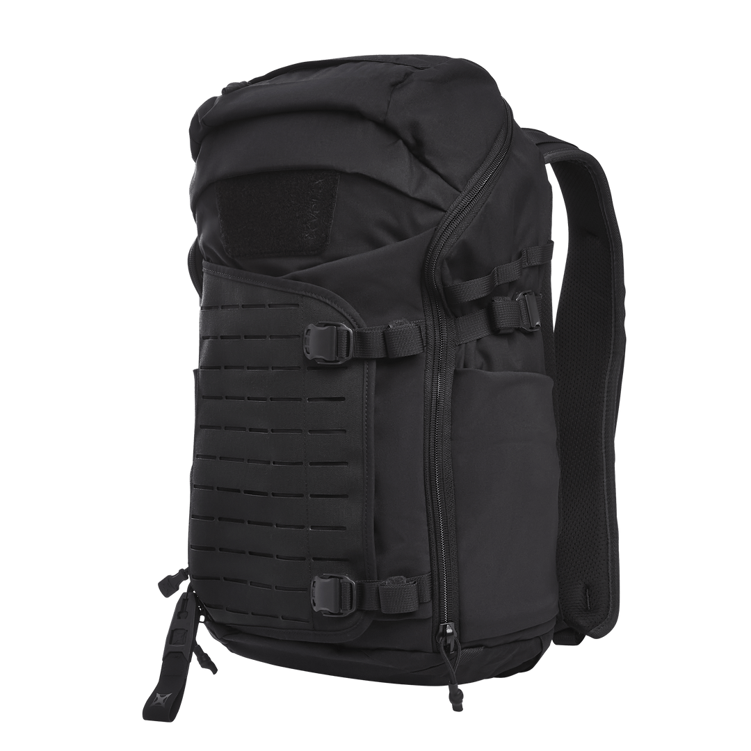 The Vertx Siege 25L Tactical Pack in black is engineered for tactical readiness, offering multiple compartments, buckles, adjustable shoulder straps, a grid pattern on the front, and side pockets with zip closures.